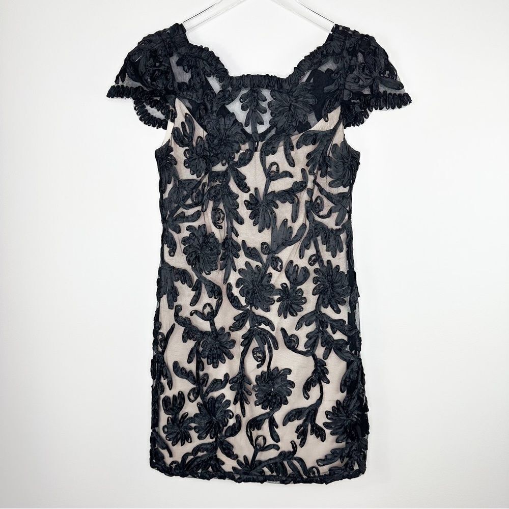 Phoebe Couture Black Short‎ Sleeve Soutache  Illusion Cocktail Dress